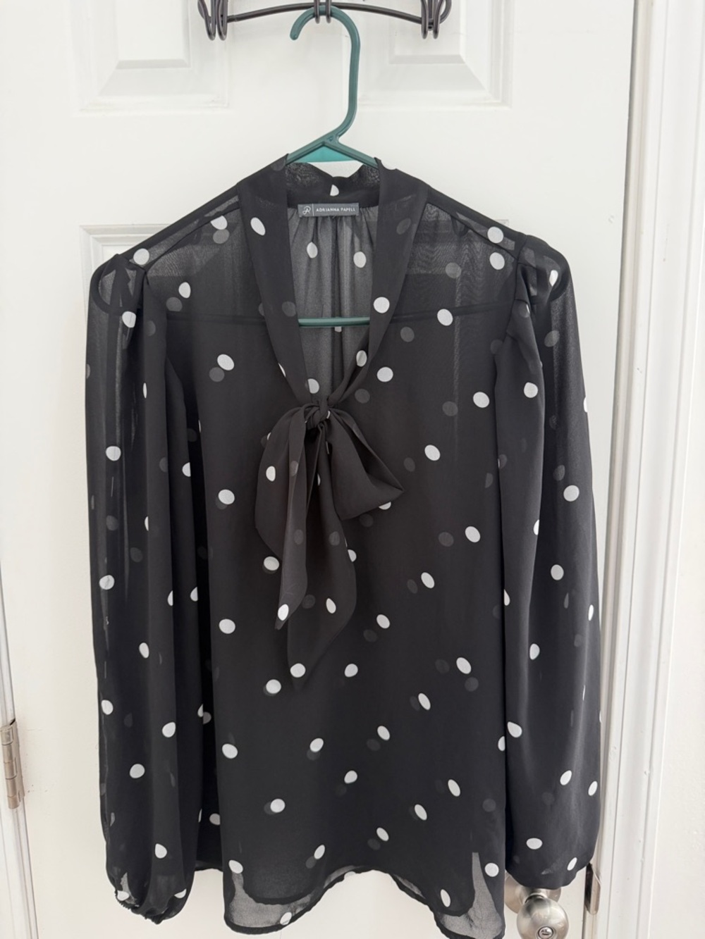 Adrianna Papell Black Polka Dot Tie-Neck Blouse Size Large